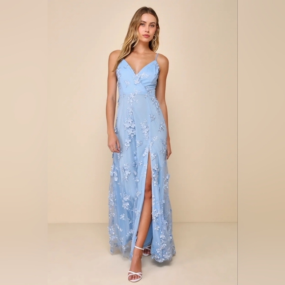 Lulus Rare Presence Powder Blue 3D Floral Surplice Maxi Dress M Wedding Party - Picture 3 of 10